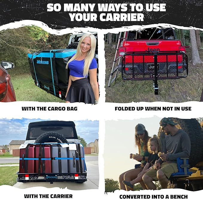 Mockins 2-in-1 Trailer Hitch Cargo Carrier Bench 48"x18"x6" w/ 15 CuFt Vehicle Soft Shell Carriers Bag | 500 Lbs. Capacity Folding Cargo Hitch Carrier Tailgate Seating Set w/Stabilizer, Straps & Lock