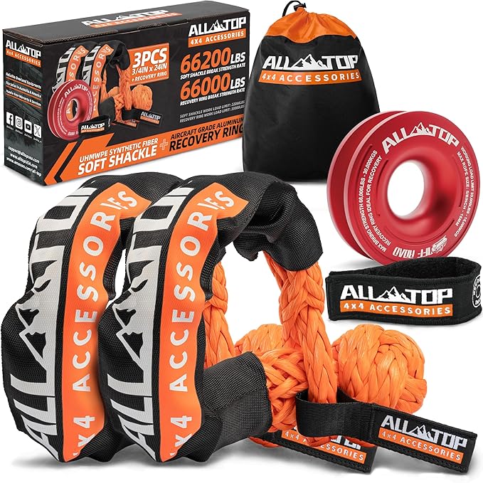 ALL-TOP Synthetic Soft Shackle & Recovery Ring Kit (2PCS 3/4in x 24in - 66200LBS Shackles + 1 Red Snatch Pulley Ring) for Winch Tackle Pulley System