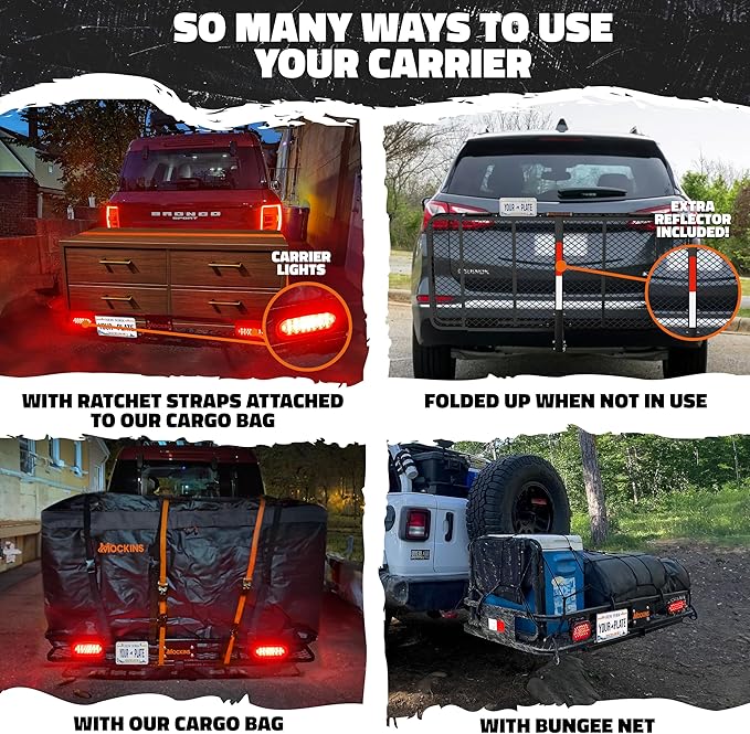 Mockins 60"x20"x6" Heavy Duty Trailer Hitch Cargo Carrier w/ 20 CuFt Waterproof Cargo Bag | 500 Lbs Cap All-Weather Folding Luggage Rack for SUV Car & Truck w/Rear Lights, License Plate Holder & More