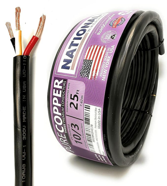 NATIONAL Wire & Cable – 10 AWG 3-Conductor Premium Copper Wire, 25 ft, Stranded | Made in USA, Heavy-Duty Flexible Jacket | Automotive, Solar, Battery, Indoor and Outdoor Use