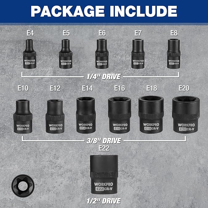 WORKPRO 25-Piece Torx Bit Socket Set, 1/4", 3/8", 1/2" Drive, E4-E22, T8-T60 Female & Torx Socket Set, CR-V & S2 Alloy Steel