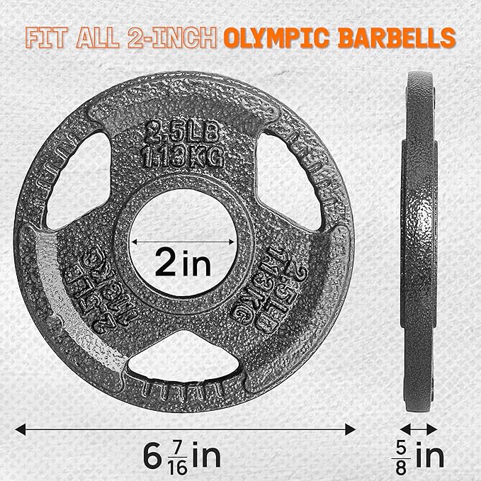 Yes4All Tri-Grip Handles Cast Iron Olympic Weight Plates, 2-Inch Weight Plates for Weight Lifting with Smooth and Durable Finish, Suitable for Strength Training Exercises (Single, Pair and Set)