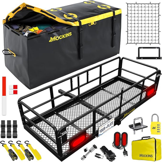 Mockins 60"x24"x14" High Rail Folding Car Trailer Hitch Cargo Carrier w/Rear Lights, Plate Bracket & 30 CuFt Waterproof Cargo Bag for Hitch Carrier | 500Lbs Capacity Luggage Rack for SUV Car Truck RV