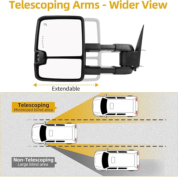 DWVO Power Heated Towing Mirrors for 2007-2014 Chevy Silverado GMC Sierra | Foldable LED Signal Lights with Manual Telescoping | Compatible with 2500HD 3500HD Heavy Duty Trucks Tahoe Suburban Denali