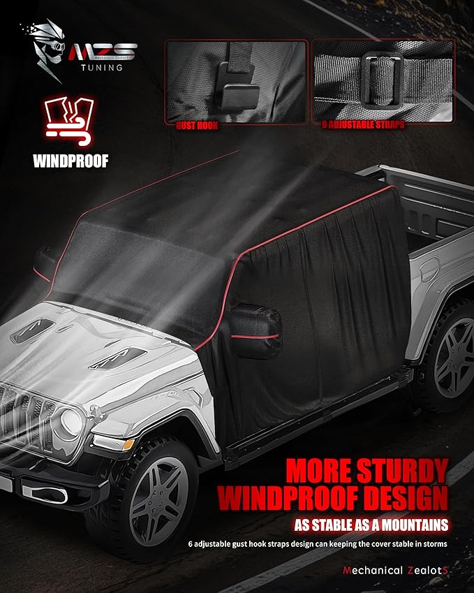 MZS Cab Cover Compatible with Gladiator JT 4 Door 2020-2026, 600D Waterproof Gladiator Cover with Driver Door Zipper 6 Gust Hook Car Half Cover Windproof Sun Snow Rain Scratch Protection Cover