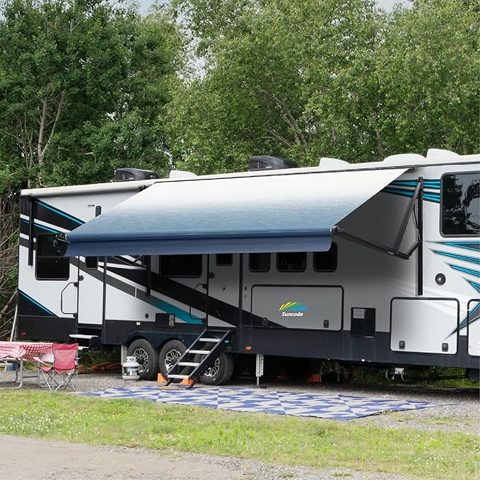 Suncode Black Motorized RV Awning Modular Retractable RV Awning Complete Kit for RV,5th Wheel,Travel Trailers,Toy Haulers,and Motorhome RV Trailer Awning for Home or Camper-20x8Ft-Blue Fade