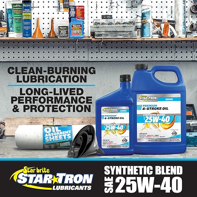 STAR BRITE Star Tron Premium 4 Stroke Marine Oil - 25W-40 Synthetic Blend Engine Oil for Outboards, Gasoline Inboards & Stern Drives - NMMA FC-W Certified, 32 OZ (028332)
