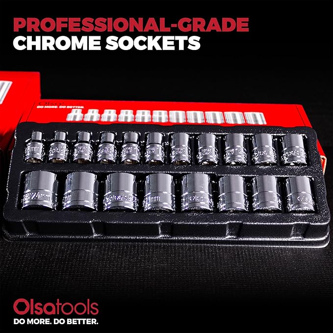 Olsa Tools Metric Shallow Socket Set - 3/8-Inch Drive, 19pc - 6-Point Chrome Sockets from 6mm–24mm and No Skipped Sizes - Mechanic Shallow Metric Socket Set - Professional Grade Sockets - Part: 1328
