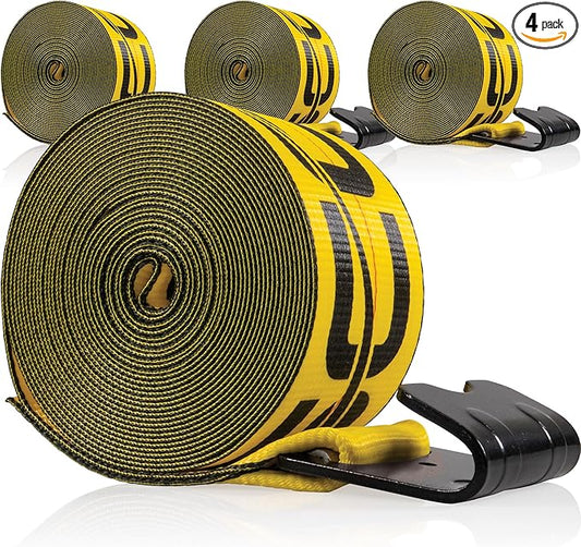 US Cargo Control Winch Straps 4" x 30' (4-Pack), 5,400 LBS Working Load Limit, Heavy Duty Flatbed Tie Downs with Flat Hooks, Yellow 4 Inch Straps for Flatbed Trailer, Truck, and Cargo Securement
