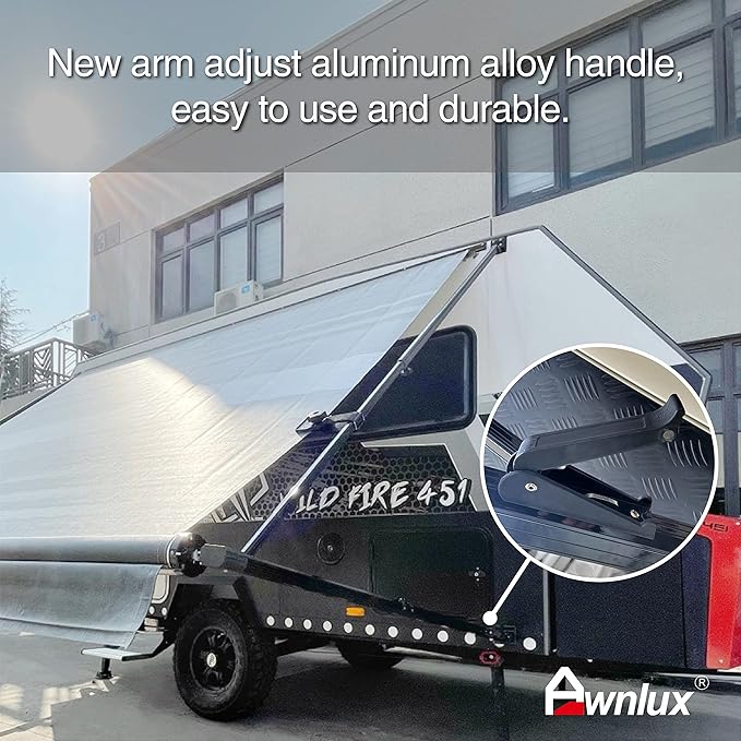 Awnlux Black Manual Modular Retractable RV Awning Full Set Assemblies for RV, 5th Wheel, Travel Trailers, Toy Haulers, and Motorhome - RV Trailer Awning for Home or Camper - 13x8 Ft - Blue Strip