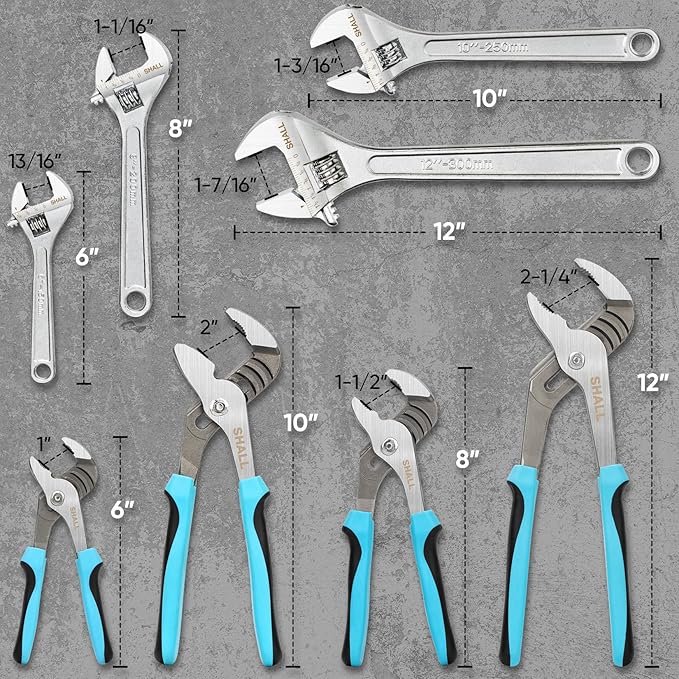 SHALL 8-Piece Adjustable Wrench & Water Pump Pliers Set, 12/10/8/6 Inch, 4Pcs Adjustable Tongue and Groove Joint Pliers and 4Pcs Wide Jaw Forged Steel Wrench for Plumbing, Gripping, Auto Home Repair