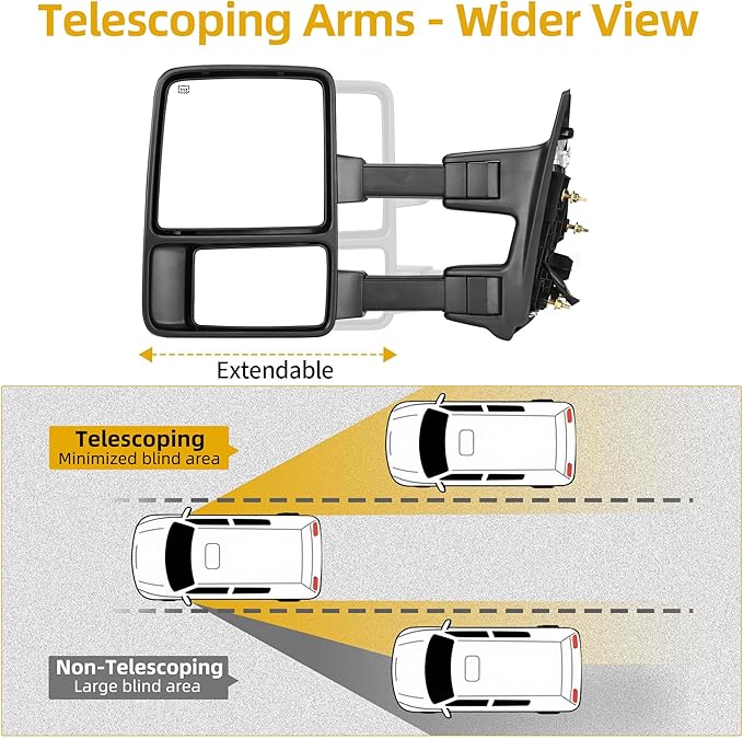 DWVO Towing Mirrors for 1999-2007 Ford F-250 F-350 F-450 F-550 Super Duty Trucks | LED Turn Signal Power Adjustable Heated Telescoping Chrome Finish