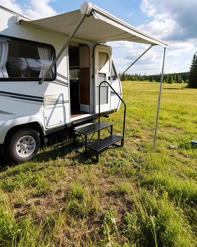 RV Steps with Handrail,2 Step Trailer Steps,Outdoor RV Stairs with Anti-Slip Pedals,Outdoor Steps for Travel Trailers,Heavy Duty Mobile Home Stairs for Camper, Porch, Spa