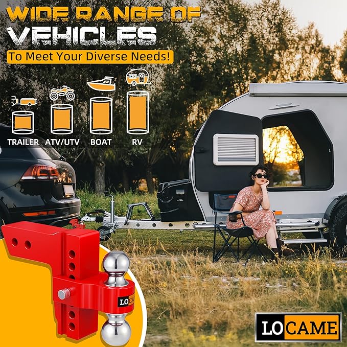 LOCAME Adjustable Trailer Hitch, Fits 2-Inch Receiver, 6-Inch Drop Aluminum 1-7/8'' & 2'' Tow Ball Drop Hitch,12,500 LBS GTW-Tow Hitch for Heavy Duty Truck with Double Stainless Locks, Red, LC0046