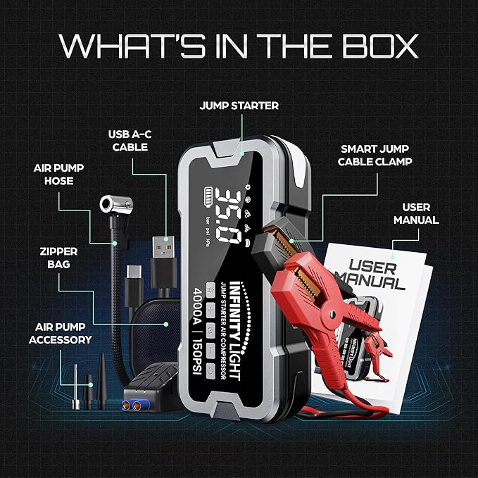 4000A Jump Starter 150 PSI Air Compressor Tire Inflator Cordless Air Pump, 12V Portable Car Battery Booster, LED Display, 12000mAh Power Bank, PD 18W Fast Charging, Flashlight – 10L Gas/8L Diesel