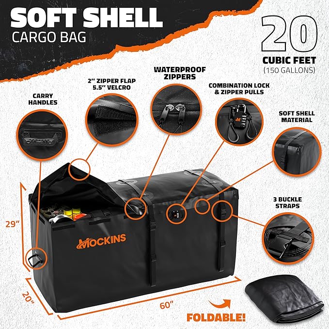 Mockins 60"x20"x6" Heavy Duty Trailer Hitch Cargo Carrier w/ 20 CuFt Waterproof Cargo Bag | 500 Lbs Cap All-Weather Folding Luggage Rack for SUV Car & Truck w/Rear Lights, License Plate Holder & More