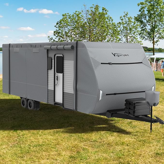 RV Cover Vigorvan Upgrad 7 Layers Top Camper Cover Windproof Travel Trailer Cover for 27-30FT RV, Toy Hauler Cover with Tongue Jack Cover, Extra Windproof Ropes, Gutter Covers