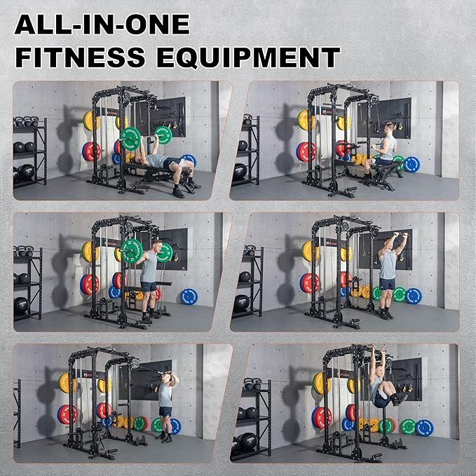 Power Rack Home Gym with Aluminum Pulley Set – 2000LB Capacity Multifunction Squat Rack with Cable Crossover, Includes 16 Professional attachments for Home Gym Strength Training, P63 Rampage