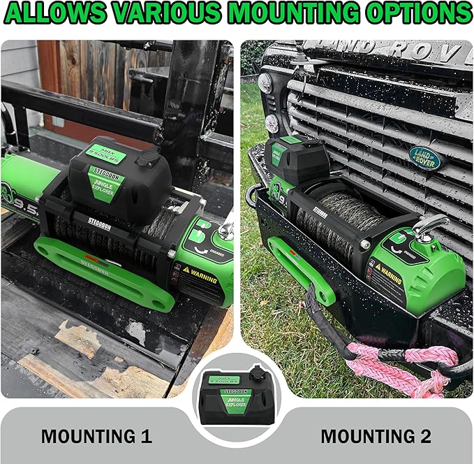 Winch 9500lb Electric Winch 12V Winch with Synthetic Rope Car Trailer Winch with Green Hawse Fairlead Wireless Remote and Wired Handle for Truck SUV Jeep
