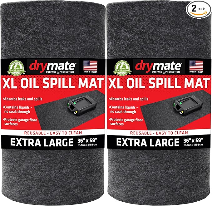 Drymate XL Oil Spill Mat (36" x 59") (2-Pack), Premium Absorbent Oil Pad, Reusable, Washable, Durable, Waterproof Backing Contains Liquids, Protects Garage Floor Surface (USA Made)