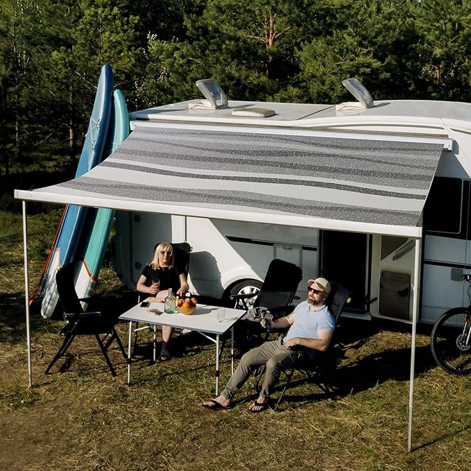 HBN RV Awning Manual Retractable, 6.6FT White Aluminum Side Mount Awning with 6.2FT Gray Striped Vinyl Canopy, Waterproof UV-Resistant, for RVs, Motorhomes, and Travel Trailers