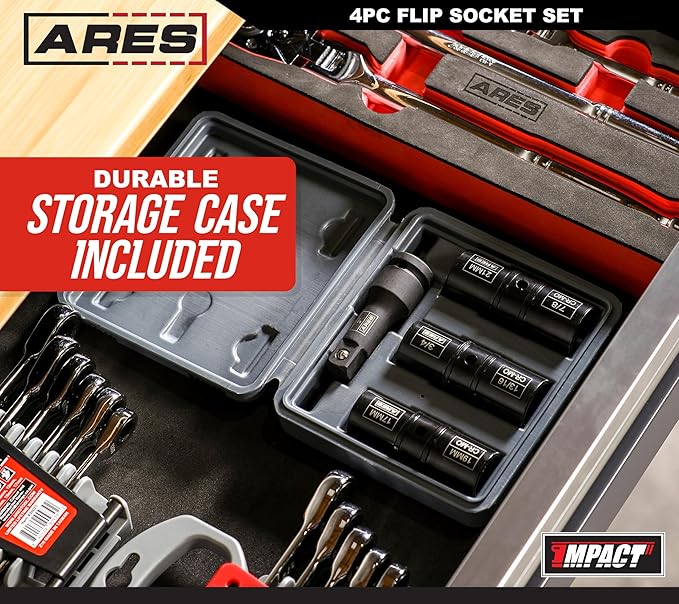 ARES 70056-1/2-inch Drive 4-Piece Flip Lug Nut Socket Set - Includes 17mm, 19mm, 21mm Metric Sizes & 3/4-Inch,13/16-Inch, 7/8-Inch SAE Sizes - Impact Grade Chrome-Moly Steel Ensures Lifetime Use