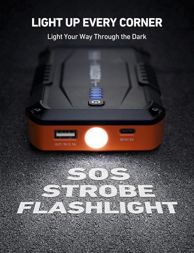 AstroAI S8 Mini Car Battery Jump Starter, 12V Portable Car Starter for Up to 6.0L Gas/3.0L Diesel Engine, Auto Battery Booster Pack, Lithium Jump Box with Jumper Cables & LED Light (Orange)