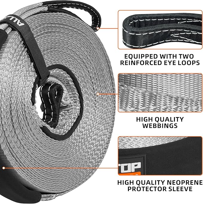 ALL-TOP Winch Extension Strap 2in x 65.6ft Min Break Strength 11000Lbs, Extend Reach of Winch Cable/Rope for Winch Rating Under 13500Lbs