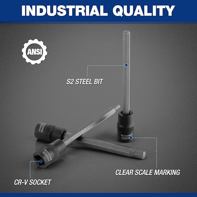 WORKPRO 19-piece 3/8 Inch Drive Extra Long Hex Bit Socket Set, Torx Bit Socket Set, Premium S2 Steel Long Allen Star Bits and CR-V Sockets Set with Storage Case