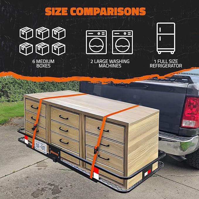 Mockins XXL 70"x30"x6" Folding Trailer Hitch Cargo Carrier | 500 Lbs. Cap Cargo Hitch Carrier Rack | Weatherproof Steel Luggage Rack for SUV, Car & Truck w/License Plate Holder, Stabilizer, & Straps
