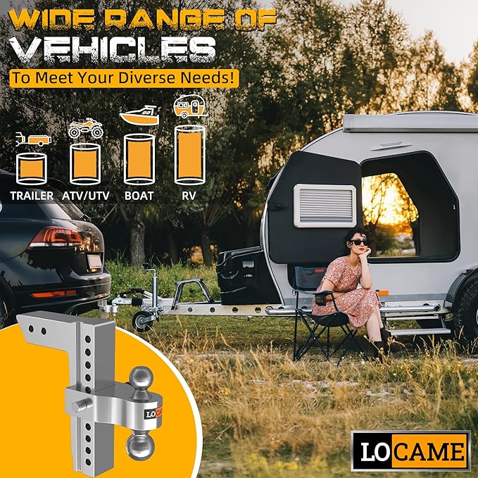LOCAME Adjustable Trailer Hitch, Fits 2-Inch Receiver Only, 10-Inch Drop/Rise Aluminum Drop Hitch, 12,500 LBS GTW-Tow Hitch for Heavy Duty Truck with Double Stainless Steel Locks, Silver, LC0005