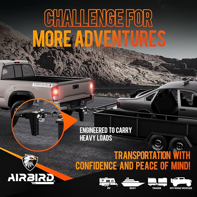 AIRBIRD Adjustable Trailer Hitch Fits 2.5-Inch Receiver, Anti-Rattle Tow Hitch (18500 LBS GTW) 6 Inch Drop Truck Hitch Tri-Ball Mount with Hook (1-7/8" x 2" x 2-5/16")
