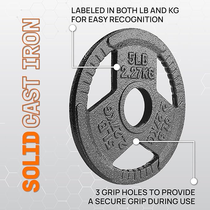 Yes4All Tri-Grip Handles Cast Iron Olympic Weight Plates, 2-Inch Weight Plates for Weight Lifting with Smooth and Durable Finish, Suitable for Strength Training Exercises (Single, Pair and Set)