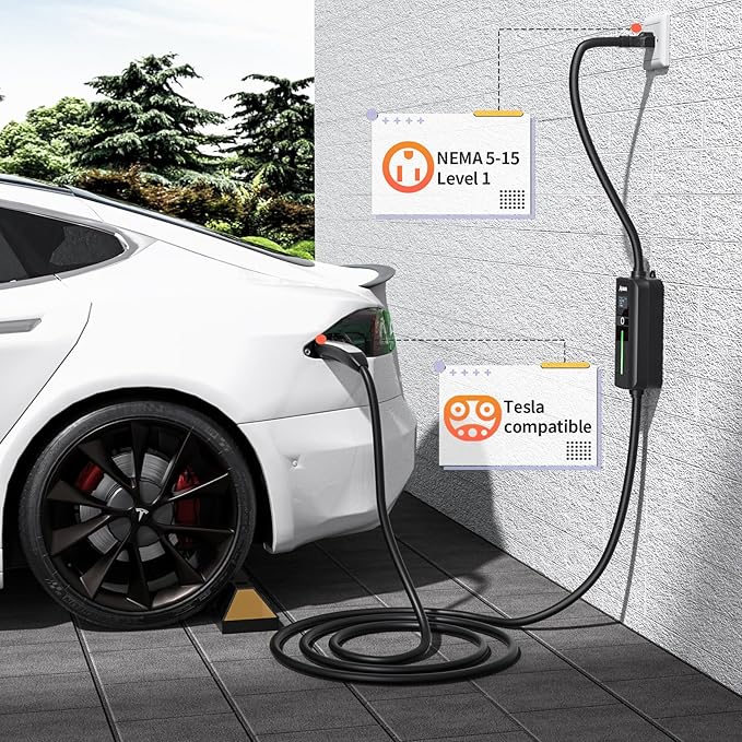 Alxum 16A Tesla Mobile Charger - Level 1 EV Charger for Tesla 110V Charger Compatible with All Models Y/3/S/X Cybertruck 16.4FT Tesla Wall Connector with NEMA 5-15 Plug