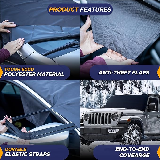 EcoNour Jeep Windshield Snow Cover | Durable 600D Oxford Fabric Winter Car | Windshield Ice Cover for Jeep Wrangler, Bronco, Gladiators | X-Small
