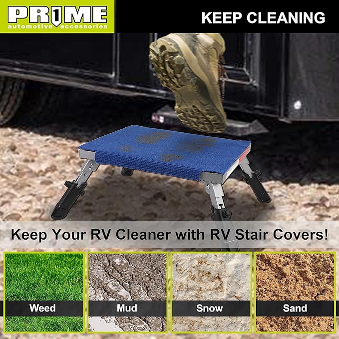 PR1ME Safety RV Steps, 19" x 14.5" Extra Large RV Step Stool with Glow, Camper Step Stool, Non-Slip Folding Step Stool and Ladder for RV, with 100% Polyester Step Rug RV Stair Cover, Up to 600lbs