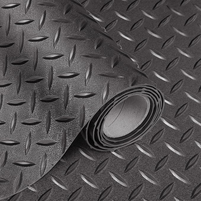 Boshen 5 x 7.5FT Garage Floor Mat, 2.5mm Thickened Diamond Plate PVC Rubber & Vinyl Flooring Roll, 37.5 SQFT Non-Slip Rubber Garage Mat for Floor Under Car Protection - Grey
