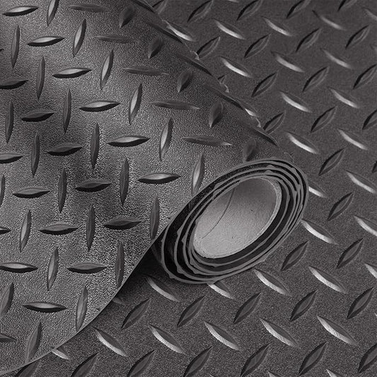 Boshen 5x12FT Garage Floor Mat, 2.5mm Thickened Diamond Plate PVC Rubber & Vinyl Flooring Roll, 60 SQFT Non-Slip Rubber Garage Mat for Floor Under Car Protection - Grey