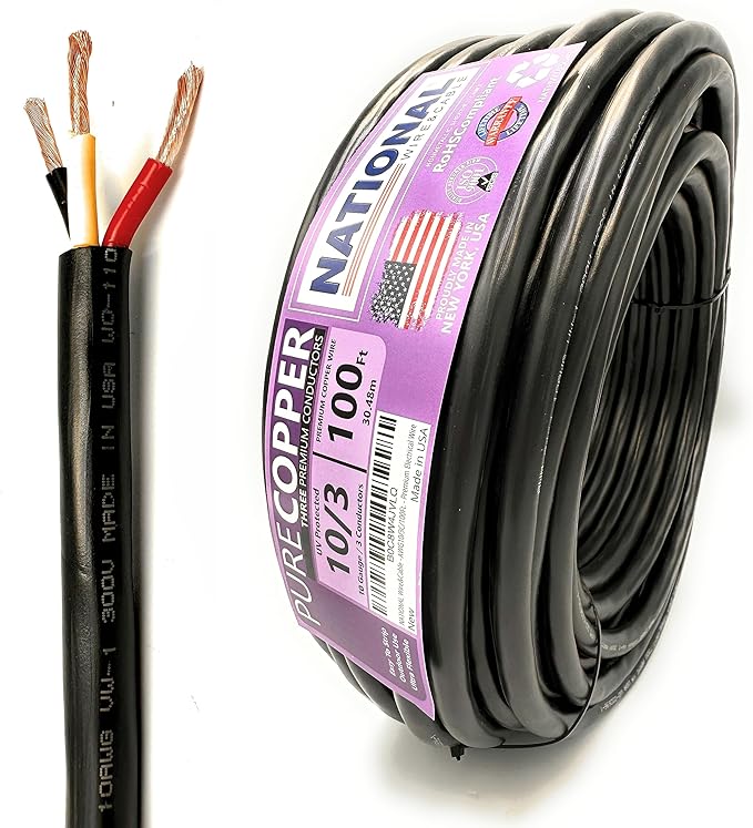 NATIONAL Wire & Cable – 10 AWG 3-Conductor Premium Copper Wire, 100 ft, Stranded | Made in USA, Heavy-Duty Flexible Jacket | Automotive, Solar, Battery, Indoor and Outdoor Use