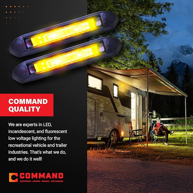 Command Electronics 12V LED Exterior Extruded Porch Light – Surface Mount Utility – IP67 Rating OEM RV, Camper, Bus, Truck, & Trailer – 8"x1.4"x1.4" – Black Case/Amber Light 2-Pack