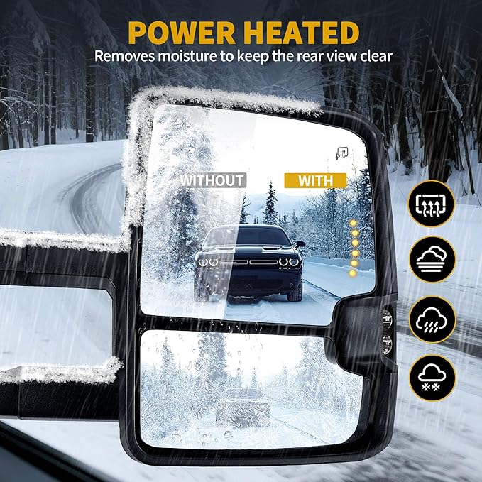DWVO Power Heated Towing Mirrors for 2003–2007 Chevy Silverado, GMC Sierra, Tahoe, Suburban, Avalanche, Yukon XL, & Denali, Extendable Telescoping LED Turn Signal Pair, Black