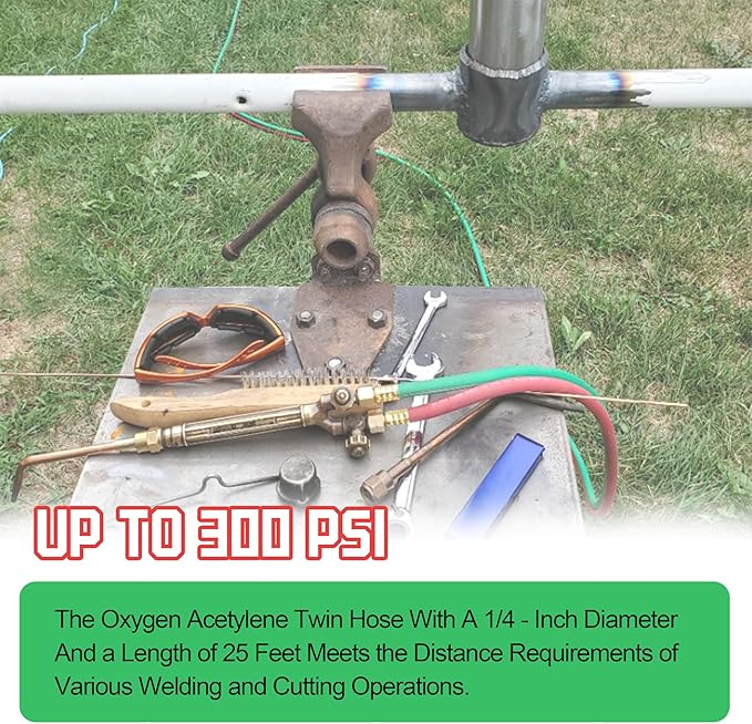 Oxygen Acetylene Hose 1/4-Inch × 25FT with 9/16”-18 B Fittings Welding Cutting Torch Twin Hose (25FT)