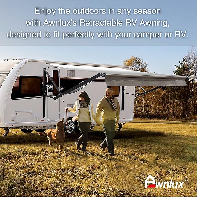 Awnlux Black Motorized Modular Retractable RV Awning Full Set Assemblies for RV, 5th Wheel, Travel Trailers, Toy Haulers, and Motorhome-RV Trailer Awning for Home or Camper-12x8 Ft-Blue Strip