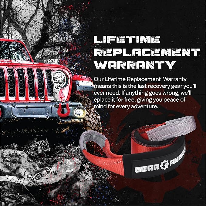 GearAmerica Heavy Duty Tow Strap 3"x8' - Tree Saver Winch with 35,053 lbs Break Strength, Offroad Weather Resistant Recovery Rope & Triple Reinforced Loops (Red) - ATV Accessories