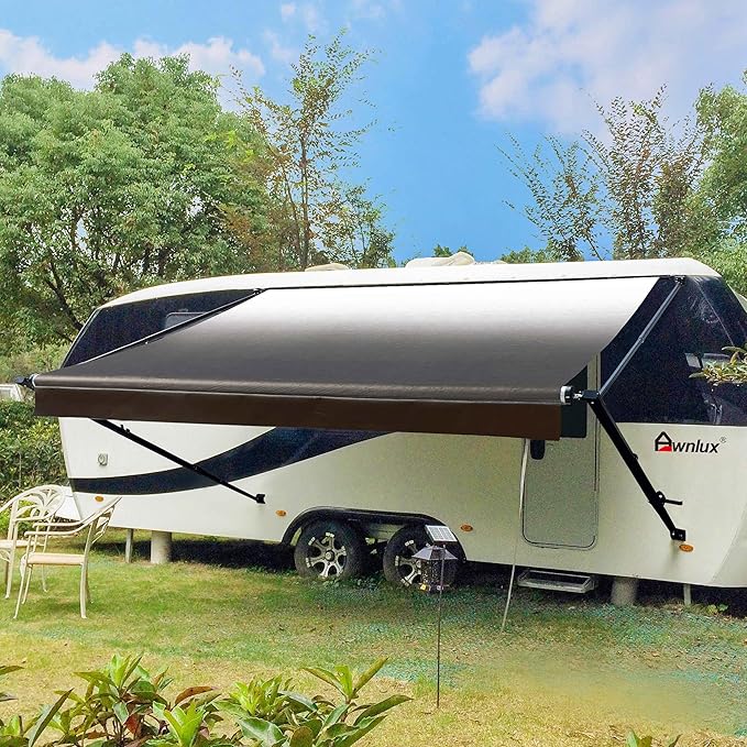 Awnlux Black Manual Modular Retractable RV Awning Full Set Assemblies for RV, 5th Wheel, Travel Trailers, Toy Haulers, and Motorhome - RV Trailer Awning for Home or Camper - 14x8 Ft - Black Fade