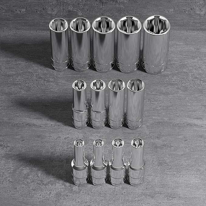 Olsa Tools SAE Deep Socket Set - 1/4-Inch Drive, 13pc - 6-Point Chrome Sockets from 1/8" to 5/8" and No Skipped Sizes - Mechanic Deep SAE Socket Set - Professional Grade Long Sockets - Part: 1329