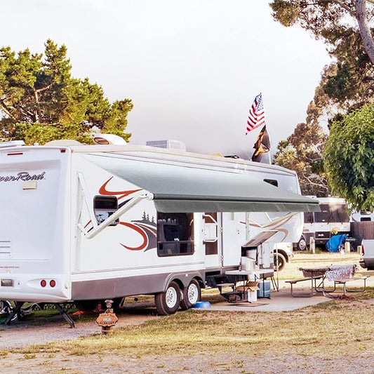 Awnlux White Motorized Modular Retractable RV Awning Full Set Assemblies for RV, 5th Wheel, Travel Trailers, Toy Haulers, and Motorhome - RV Trailer Awning for Home or Camper - 19x8 Ft - Grey Fade