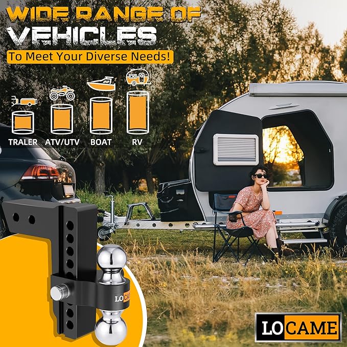 LOCAME Adjustable Trailer Hitch, Fits 2.5-Inch Receiver Only, 8-Inch Drop Aluminum Drop Hitch,18,500 LBS GTW-Tow Hitch for Heavy Duty Truck with Double Stainless Steel Locks, Black, LC0019