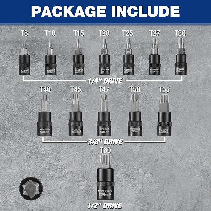 WORKPRO 25-Piece Torx Bit Socket Set, 1/4", 3/8", 1/2" Drive, E4-E22, T8-T60 Female & Torx Socket Set, CR-V & S2 Alloy Steel