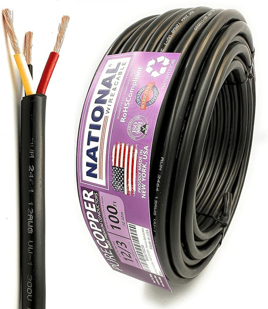 NATIONAL Wire & Cable – 12 AWG 3-Conductor Premium Copper Wire, 100 ft, Stranded | Made in USA, Heavy-Duty Flexible Jacket | Automotive, Solar, Home, RV, Indoor and Outdoor Use